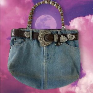 Y2K 2000s Blue Jean Distressed Denim Tote Belted Purse Beaded Handle